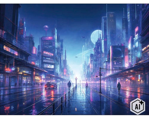 Futuristische stadsgezicht bij nacht met hoge wolkenkrabbers, verlichte reclameborden en een natte straat in een regenachtige sfeer. (Image AI modified or generated)