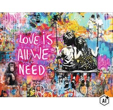 Wanddecoratie met graffitimotief en de tekst Love is all we need, geschikt als muurversiering in woonruimtes. (Image AI modified or generated)
