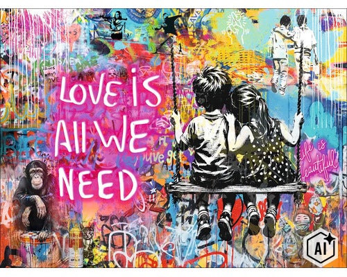 Wanddecoratie met graffitimotief en de tekst Love is all we need, geschikt als muurversiering in woonruimtes. (Image AI modified or generated)