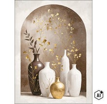 Wanddecoratie met een afbeelding van diverse vazen met takken in een boogvormige nis, decoratieve kunst voor in het interieur. (Image AI modified or generated)