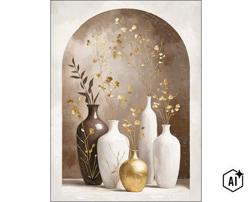 Wanddecoratie met een afbeelding van diverse vazen met takken in een boogvormige nis, decoratieve kunst voor in het interieur. (Image AI modified or generated)