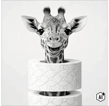 Een giraffekop steekt uit een rol bedrukt toiletpapier. (Image AI modified or generated)