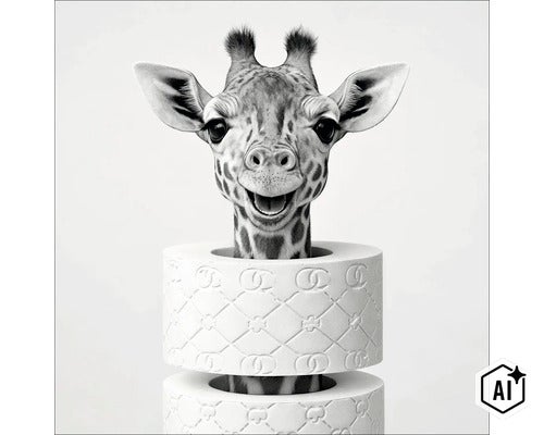 Een giraffekop steekt uit een rol bedrukt toiletpapier. (Image AI modified or generated)