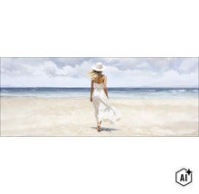 Wanddecoratie met een schilderachtig beeld van een vrouw in zomerjurk en zonnehoed die op het strand wandelt. (Image AI modified or generated)