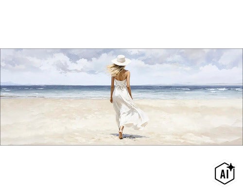 Wanddecoratie met een schilderachtig beeld van een vrouw in zomerjurk en zonnehoed die op het strand wandelt. (Image AI modified or generated)