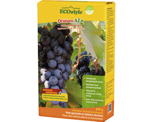 ECOstyle Druiven-AZ+ biologische meststof voor druiven, 800 gram verpakking voor gezonde groei en stevige vruchten.