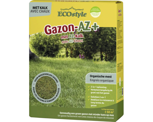 ECOstyle Gazon-AZ Plus gazonmest met kalk, 4,5 kg verpakking voor 50 vierkante meter, organische meststof tegen mos in het gazon.