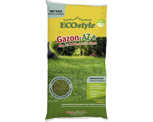 ECOstyle Gazon-AZ plus gazonmest met kalk, organische 2-in-1 meststof voor bodemverbetering en tegen mos, verpakking voor 200 vierkante meter.