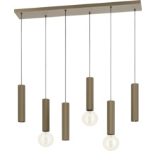 Moderne hanglamp met zes lichtpunten, voorzien van geribbelde cilindervormige kappen aan een lang plafondarmatuur voor binnenverlichting