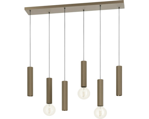 Moderne hanglamp met zes lichtpunten, voorzien van geribbelde cilindervormige kappen aan een lang plafondarmatuur voor binnenverlichting