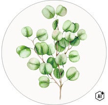 Aquarelillustratie van een eucalyptus tak met ronde bladeren in een cirkel (Image AI modified or generated)