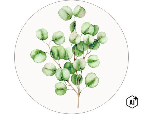 Aquarelillustratie van een eucalyptus tak met ronde bladeren in een cirkel (Image AI modified or generated)