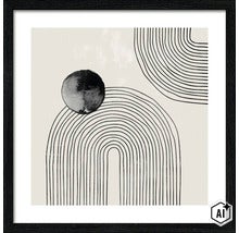 Ingelijste wanddecoratie met abstracte grafische print, cirkelvormig motief en booglijnen in moderne stijl. (Image AI modified or generated)