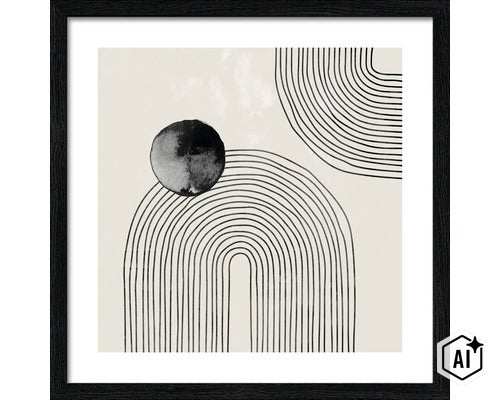 Ingelijste wanddecoratie met abstracte grafische print, cirkelvormig motief en booglijnen in moderne stijl. (Image AI modified or generated)