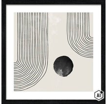 Wanddecoratie met abstract motief van lijnen en een cirkel in een zwarte lijst. (Image AI modified or generated)