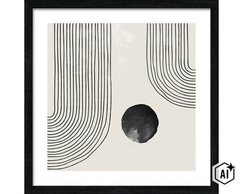 Wanddecoratie met abstract motief van lijnen en een cirkel in een zwarte lijst. (Image AI modified or generated)