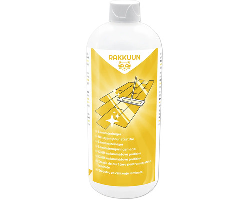 Rakkuun laminaatreiniger in een kunststof fles voor het reinigen van laminaatvloeren.
