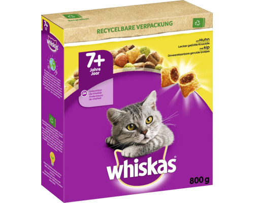 Whiskas 7 plus droogvoer voor katten met kip, 800 gram verpakking, droogvoer voor oudere katten ter ondersteuning van de vitaliteit.