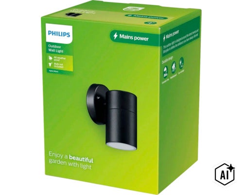 Philips Kylis buitenwandlamp in verpakking, weerbestendig en corrosiebestendig voor wandmontage. (Image AI modified or generated)