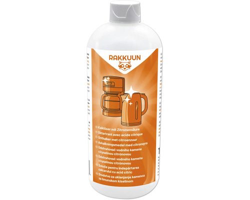 RAKKUUN ontkalker met citroenzuur in een kunststof fles voor het ontkalken van koffiezetapparaten en waterkokers.