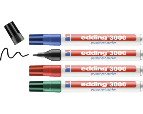 Vier edding 3000 permanente markers in verschillende kleuren inclusief dop en een voorbeeld van een getrokken lijn.