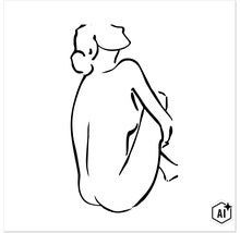 Wanddecoratie met minimalistische lijntekening van een zittende vrouwenfiguur (Image AI modified or generated)