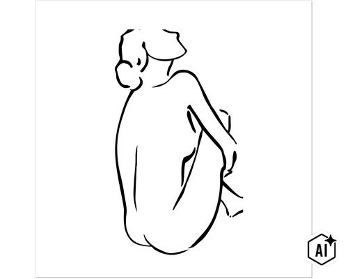 Wanddecoratie met minimalistische lijntekening van een zittende vrouwenfiguur (Image AI modified or generated)