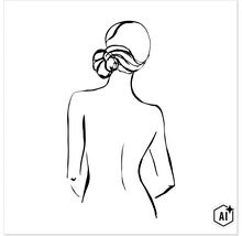 Wanddecoratie met een minimalistische lijntekening van een vrouw met knot gezien vanaf de achterkant. (Image AI modified or generated)