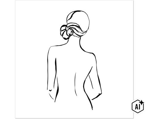 Wanddecoratie met een minimalistische lijntekening van een vrouw met knot gezien vanaf de achterkant. (Image AI modified or generated)