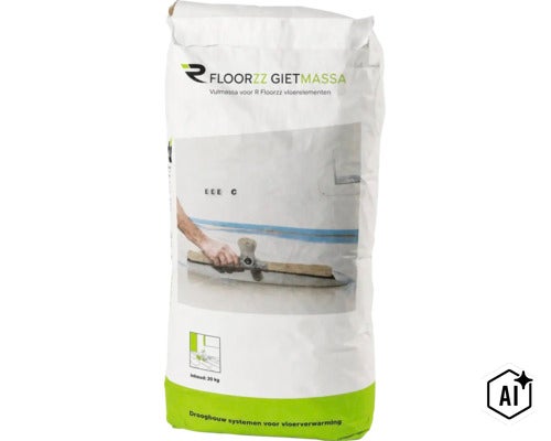 Zak met R Floorzz gietmassa vulmassa voor vloerelementen, 20 kilogram, voor droogbouw vloerverwarmingssystemen. (Image AI modified or generated)