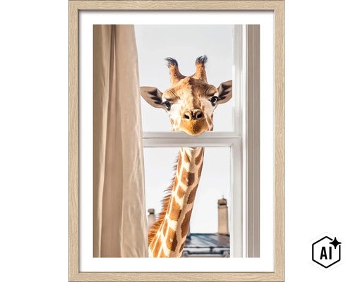 Ingelijste wanddecoratie met een giraf die door een raam kijkt, in een lichte houten lijst. (Image AI modified or generated)