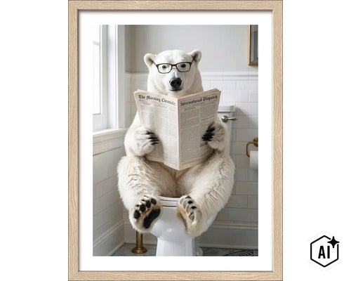 Wanddecoratie van een ijsbeer met bril die op het toilet leest, ingelijst in een houten lijst. (Image AI modified or generated)