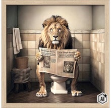 Wanddecoratie met een leeuw die op het toilet zit en een krant leest in een betegelde badkamer, ingelijst. (Image AI modified or generated)