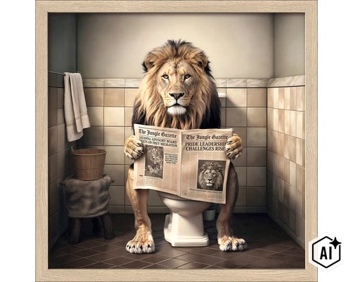 Wanddecoratie met een leeuw die op het toilet zit en een krant leest in een betegelde badkamer, ingelijst. (Image AI modified or generated)