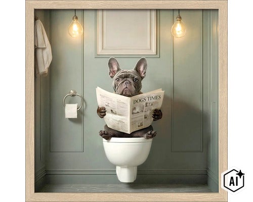Wanddecoratie met een Franse bulldog op het toilet lezend, ingelijst in houtlook voor in de badkamer. (Image AI modified or generated)