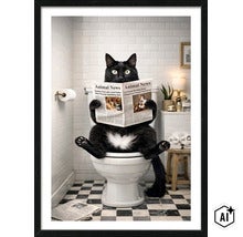 Wanddecoratie van een kat die op het toilet zit en de krant leest, in een badkamer met witte tegels en een zwart-witte vloer. (Image AI modified or generated)