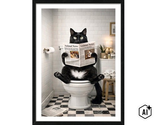 Wanddecoratie van een kat die op het toilet zit en de krant leest, in een badkamer met witte tegels en een zwart-witte vloer. (Image AI modified or generated)