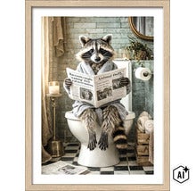 Wanddecoratie met wasbeer in badjas die op het toilet een krant leest, ingelijst ontwerp. (Image AI modified or generated)