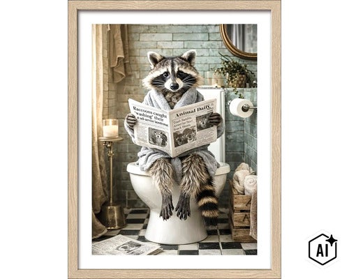 Wanddecoratie met wasbeer in badjas die op het toilet een krant leest, ingelijst ontwerp. (Image AI modified or generated)
