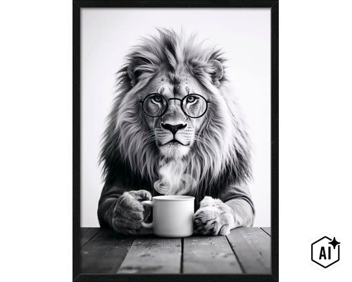 Wanddecoratie met afbeelding van een leeuw met bril en kopje in zwart wit print met lijst (Image AI modified or generated)