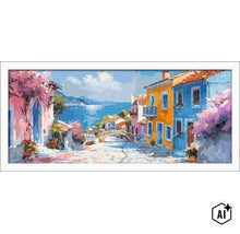 Wanddecoratie met een mediterrane kuststad aan zee, geschilderd in impressionistische stijl met een witte lijst. (Image AI modified or generated)