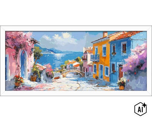 Wanddecoratie met een mediterrane kuststad aan zee, geschilderd in impressionistische stijl met een witte lijst. (Image AI modified or generated)