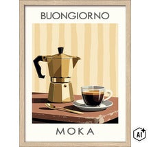 Wanddecoratie met afbeelding van een espressopot, een kopje koffie en een lepel in een houten lijst, met de tekst Buongiorno Moka. (Image AI modified or generated)