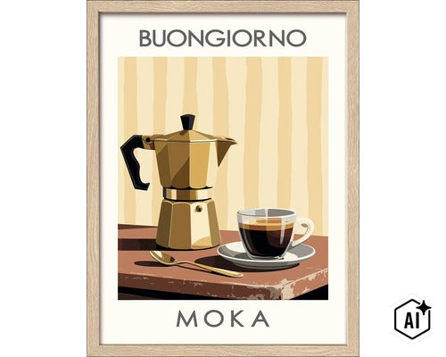 Wanddecoratie met afbeelding van een espressopot, een kopje koffie en een lepel in een houten lijst, met de tekst Buongiorno Moka. (Image AI modified or generated)