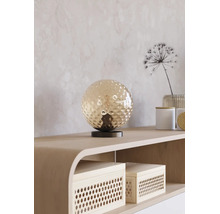 Tafellamp met een ronde glazen bol op een minimalistische voet, geplaatst op een dressoir in een modern interieur.