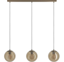 Driepunts hanglamp met drie gestructureerde glazen bollen aan een rechthoekige plafondbevestiging voor binnenverlichting.