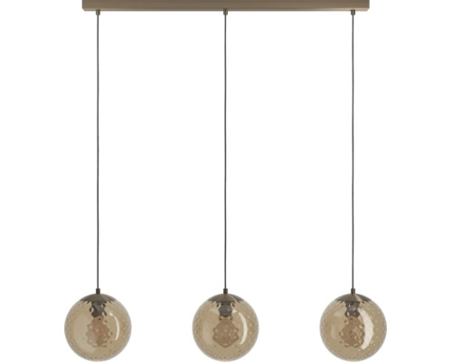 Driepunts hanglamp met drie gestructureerde glazen bollen aan een rechthoekige plafondbevestiging voor binnenverlichting.