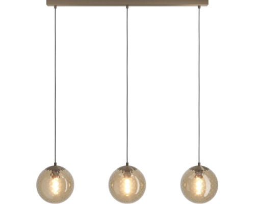 Moderne hanglamp met drie bolvormige glazen kappen aan een rechthoekige plafondbevestiging voor binnenverlichting.