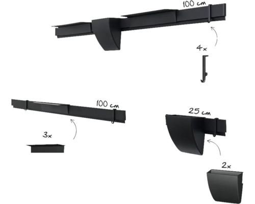 Set met wandrail 100 centimeter, plantenbak 25 centimeter en haken voor verticale wandbegroeiing