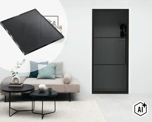 Moderne zwarte loftdeur van metaal met glazen panelen in een lichte woonkamer met bank en salontafels. (Image AI modified or generated)
